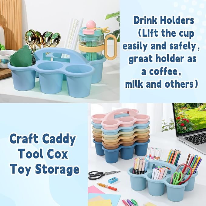 gisgfim 6 Pack Classroom Caddy Organizer with Handle Boho Plastic Table Caddy Drink Cup Caddies Holder 12x9x3.5 Inches Storage School Supplies 6 Compartments for Table Crayon Pencil Cup Marker Craft