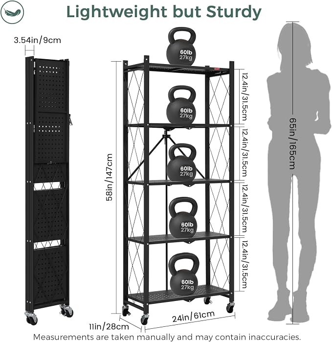 DEANIC 5-Shelf Folding Bookcase with Wheels, Heavy Duty Storage Shelves, Freestanding Metal Wire Shelving Unit for Living Room, Office, Kitchen, Basement, Pantry(Black 2 Pack)