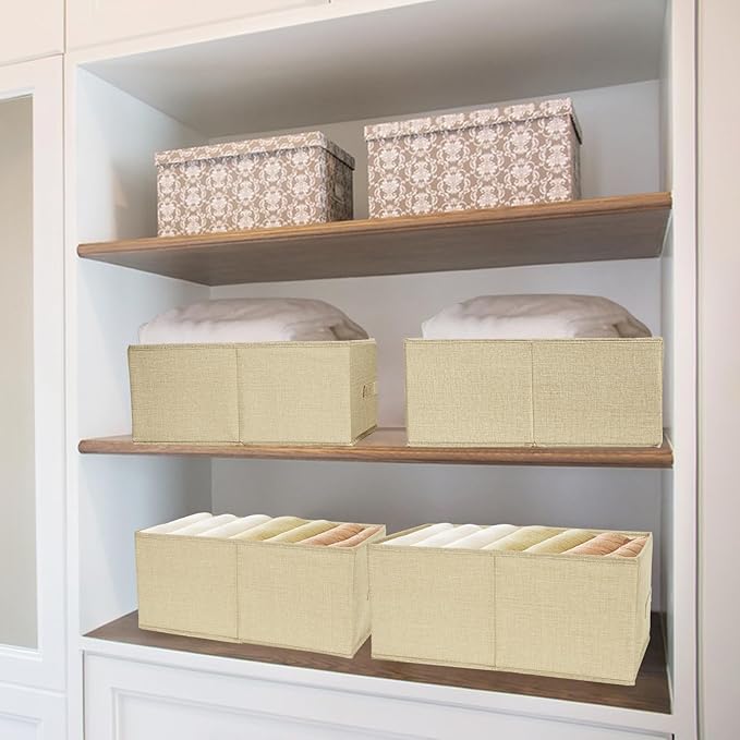 Open Storage Bins with Handle BOPEY Clothes Organizer Container Linen Fabric Foldable Basket for Home Closet Shelves Nursery Toys Books Beige Large 3-pack (BP006)