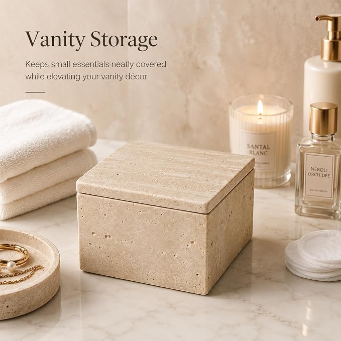 Natural Travertine Square Box with Lid | Natural travertine square box for cotton rounds, balls, jewelry and dry small bathroom items.