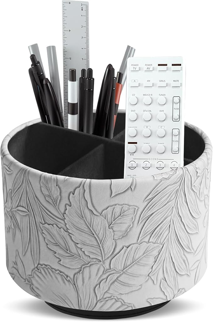 Round Leather Art Supply Organizer,Remote Control Holder,360 Degree Spinning,Multi-Functional Pencil Holder,4 Compartments Desktop Stationary Organizer(1-Carved Grey)