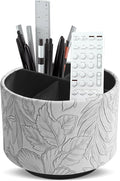 Round Leather Art Supply Organizer,Remote Control Holder,360 Degree Spinning,Multi-Functional Pencil Holder,4 Compartments Desktop Stationary Organizer(1-Carved Grey)