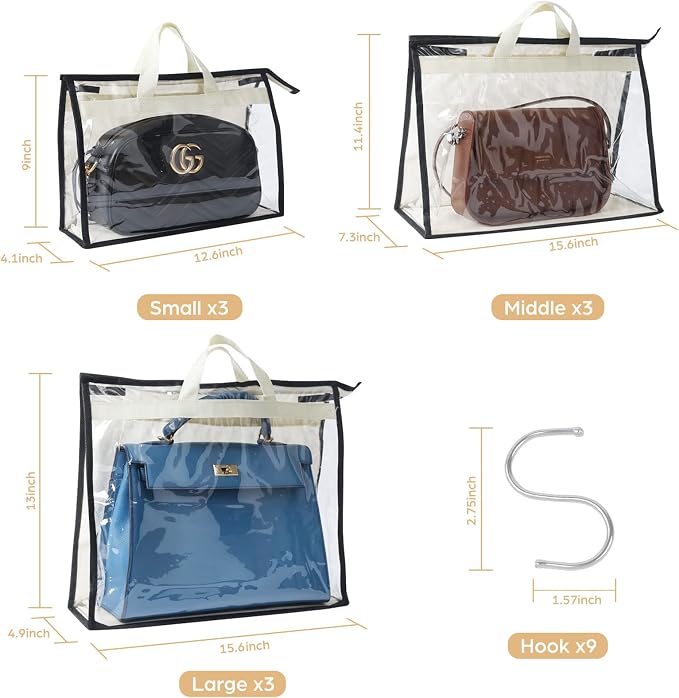 9 Pack Dust Bags for Handbags, Clear Handbag Storage, Purse Storage Organizer for Closet, Purse Cover Hanging Closet Organizer with Zipper | Purse Storage Organizer for Closet, Purse Cover Hanging Closet Organizer with Zipper