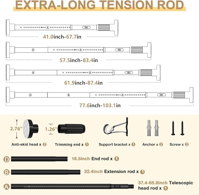 Black Tension Curtain Rod 41-100In(4-8Ft), Outdoor Curtain Rod No Drilling for Window or Bathroom Patio, Adjustable Spring Shower Rod,Rod Diameter 1.26In-One-bond stretching