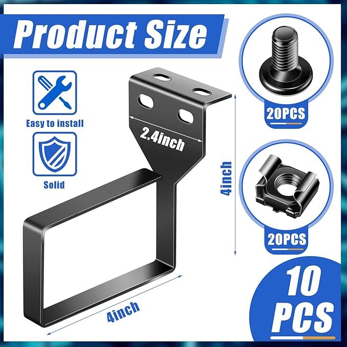 10 Pieces Vertical Cable Management D Ring 2.4 x 4 x 4 Inches Wire Organizer Metal Cable Rack for Patch Cables, Fiber Optic, Power Cords, Black