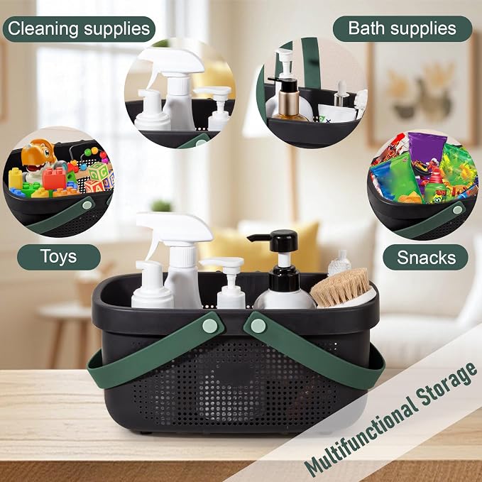 JiatuA Plastic Storage Basket with Handle Portable Shower Caddy Tote Organizer Basket Bin for Bathroom Kitchen Dorm Room Bedroom, Black Green