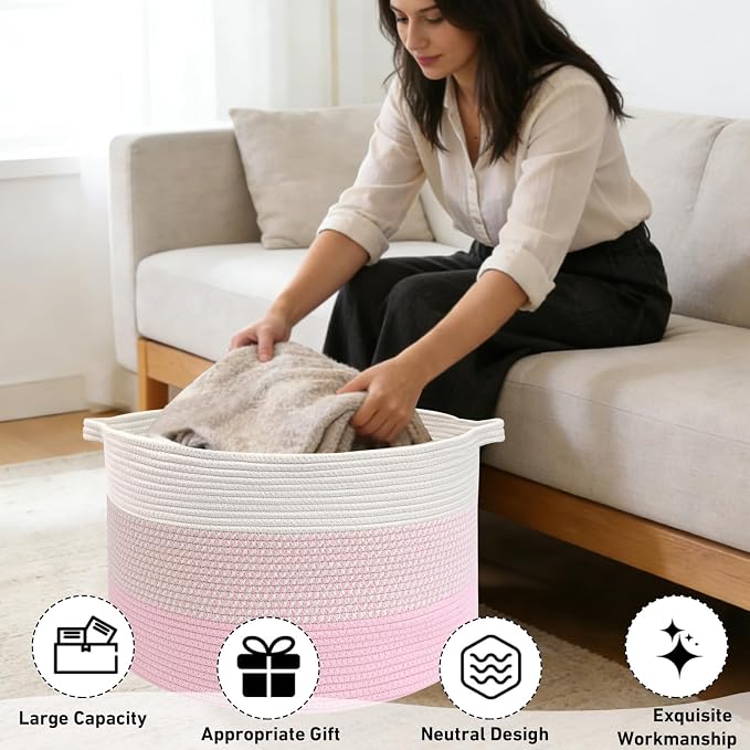 65L Large Blanket Basket,Woven Rope Laundry Basket Hamper with Handles,Decorative Nursery Basket Storage Bin for Toys, Pillows, Clothes Organizer, Living Room, Bedroom, Bathroom, Pink