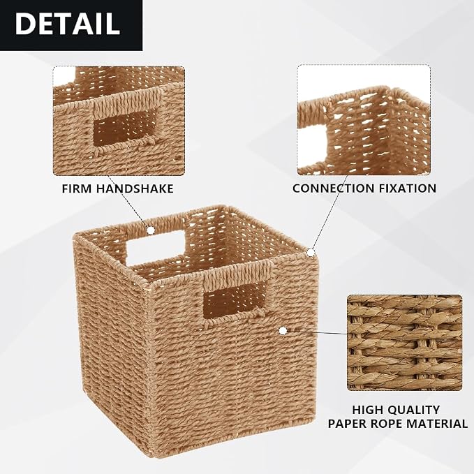 6 Pack 8.7 Inch Wicker Baskets, Hand Woven Paper Rope Storage Baskets, Foldable Cube Storage Bins Organizer Square Wicker Cubes for Shelves Pantry Organizing & Decor