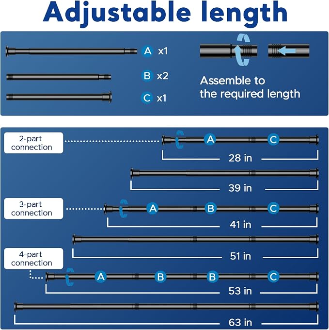 Tension Rods 28 to 61 Inch, 1" Heavy Duty Adjustable Spring Tension Curtain Rod - Non-Slip No Drill Shower Curtain Rod for Bathroom, Window, Closet & Doorway, Black