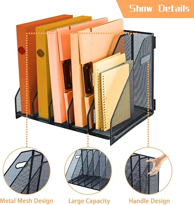 Magazine file holder for desk with 5 Vertical Compartments Folder Storage Binder Organizer for Office Home School Organization, Black