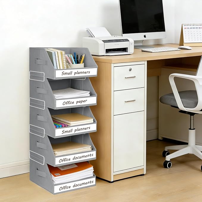 Homsorout Closet Organizers and Storage - 5 Tier Shelf Organizer with Weekly Labels, Stackable Storage Bins with Metal Frame, Foldable Cube Bins, Home Baskets for Kids and Adults, Grey