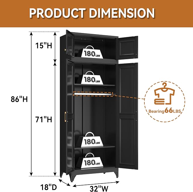 Polup Metal Armoire Closet, 86 Inch Tall Wardrobe Armoire with Hanging Rod, Wardrobe Closet for Clothes with Doors, 18" D x 32" W x 86" H,Black, Assemble Required, Shipped in Two Packages