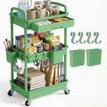 3 Tier Rolling Utility Cart with Drawer, Plastic Storage Organizer Rolling Carts with Wheels Handles Hanging Cups Hooks for Office, Bathroom, Kitchen,Craft Art Room (Green)