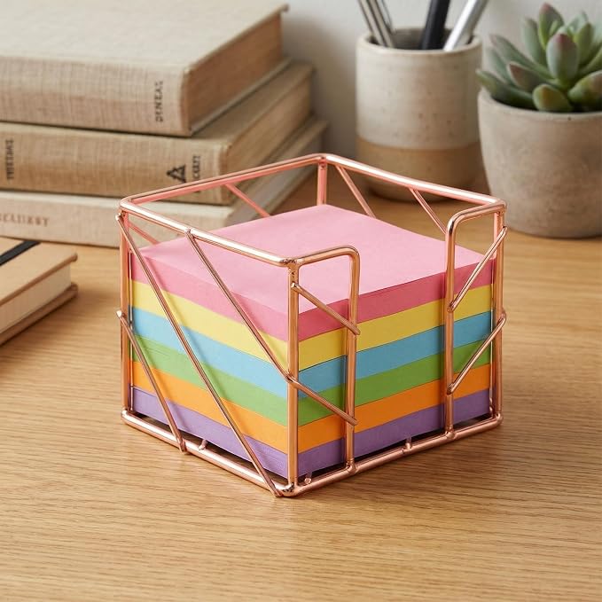 Sticky Note Holder, Multifunctional Sticky Notes Holder 3.9x3.9 Inches Desktop Organizer, Rose Gold Desk Accessories, Metal Gold Office Supplies for Home Office Decor