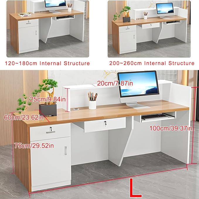 Modern Reception Desk with Counter, Front Desk Reception Counter with Lockable Drawer, Keyboard Tray & Storage Cabinet, Solid Wood Receptionist Table for Salon Office Lobby (G - Left, L 2m/78in)