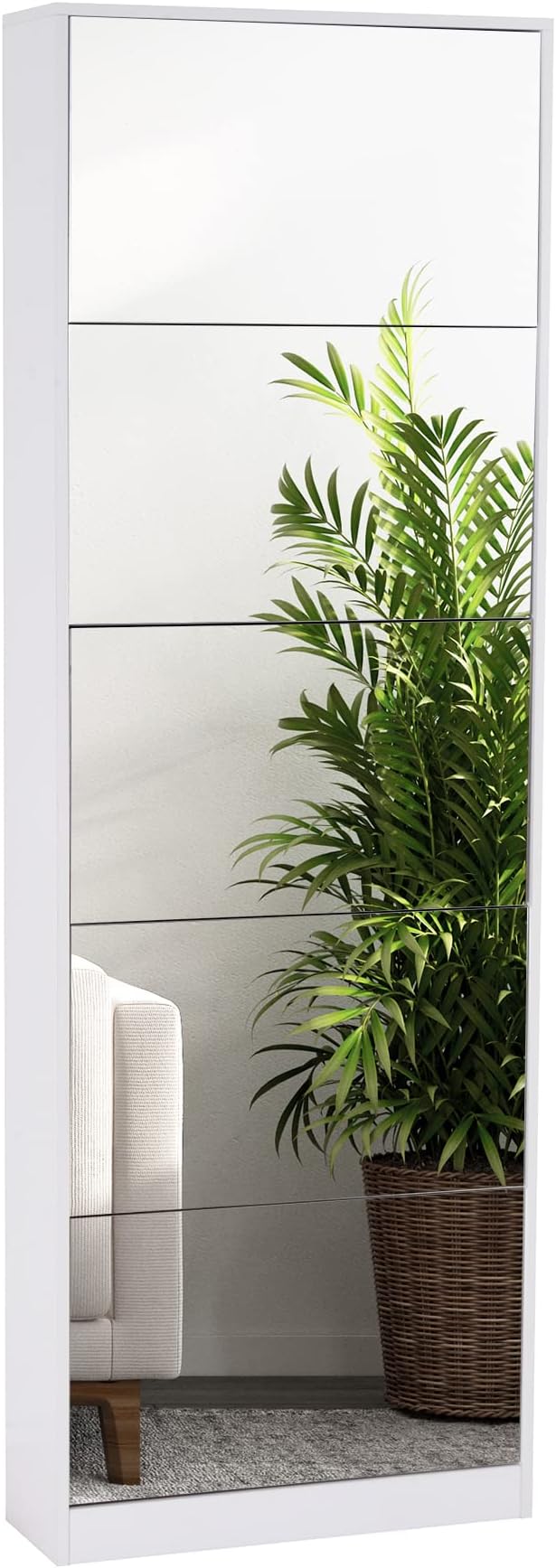 Mirror Shoe Cabinet, Hidden Shoe Storage Organizer with Flip Drawers Door, 5 Tier Free Standing Shoe Rack for Closet, Entrance | Real Glass Mirror | Fits Men's Size 15 | Narrow Organizer | Entryway Storage | Space-Saving | White