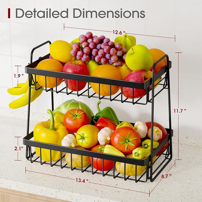 Sakugi Fruit Basket for Kitchen Counter - 2-Tier Fruit Bowl with Removable Banana Hanger & Handles, Rustproof Fruit Holder for Kitchen, Living Room, Bathroom, 13.4"×8.7"×11.7", Black