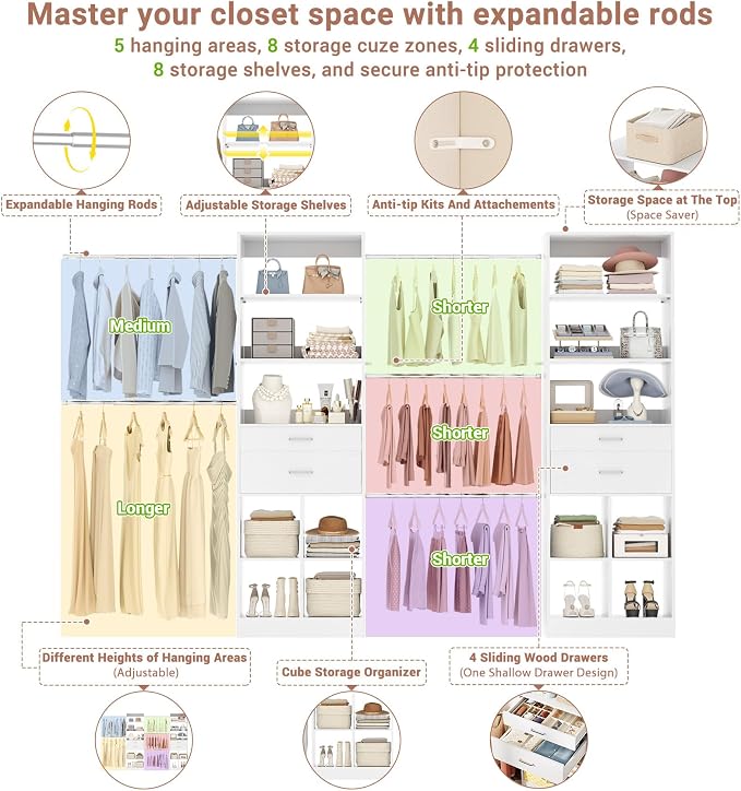 Besiost Closet System, 7.4ft-10ft with 4 Wooden Drawers and 5 Hanging Rods, Can Fit 88 to 123 inch Walk-in Closet System, White