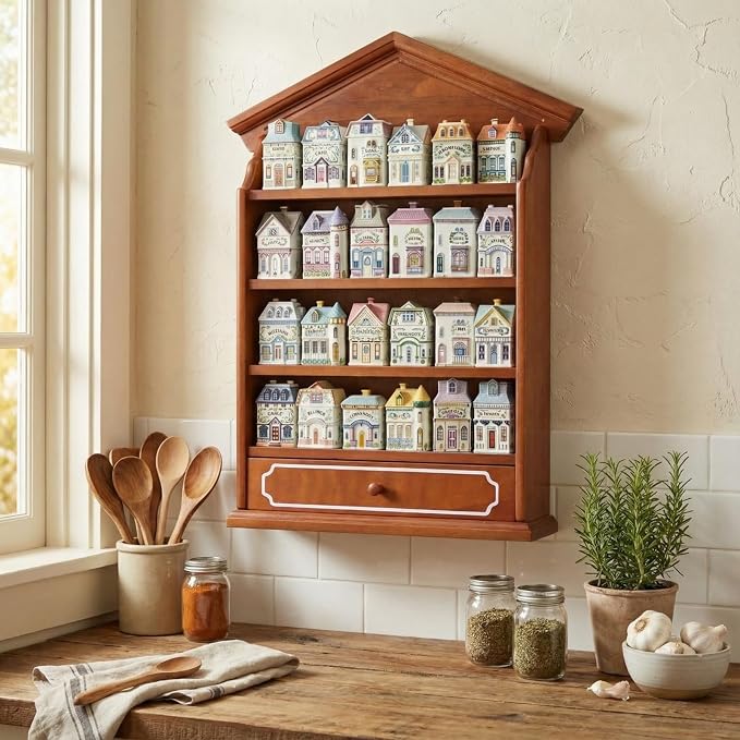 Chunful Vintage Spice Jar Wooden Rack with 4 Tier Hanging Spice Rack Wall Mounting Kitchen Storage Village Style Display Shelf for 24 Jar, Christmas Wedding Bridal Gift, Shelf Only(Classic)