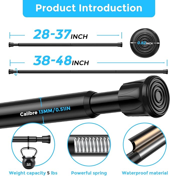AIZESI Tension Rods for Windows 28 to 48 inch, Adjustable Short Curtain Rods No Drilling Small Tension Rods for Windows Door Kitchen Curtain, Black