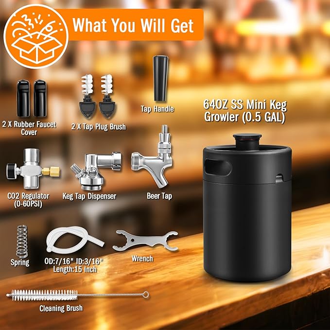 Mini Keg Growler Tap System, 64OZ Pressurized Stainless Steel Beer Keg, Durable Beer Dispenser System with CO2 Regulator & Self-Closing Faucet, Portable Beer Growler to Keep Fresh for Homebrew