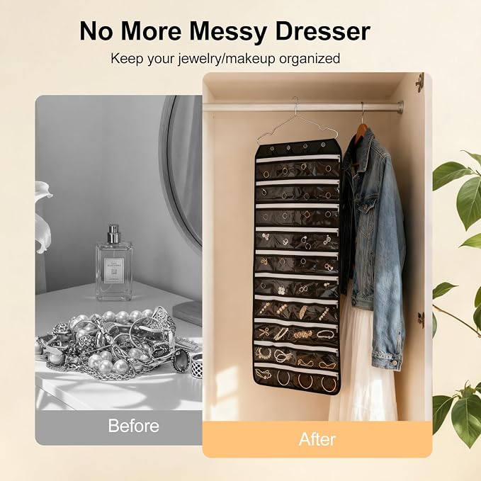 Hanging Jewelry Organizer Storage Roll 80 Zippered Pockets with Detachable Hanger Double-Sided Foldable, Travel Jewelry Holder for Earrings, Rings, Bracelets, Hanging on Closet, Wall, Door, Black