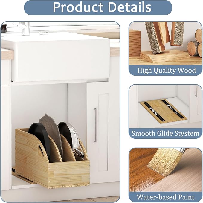 Pull Out Cookie Sheet Organizer for Cabinet, Wooden Cutting Board Organizer Rack with Vertical Tray Dividers, for Storage Pans, Baking Tray, 10.5''W X 21" D X 10.6" H