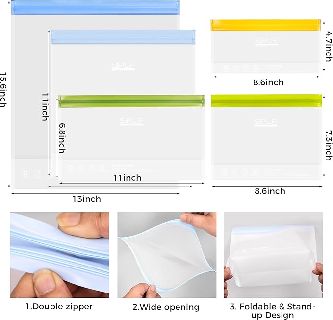 SPLF 10 Pack Stand-Up Reusable Snack Bags Dishwasher Safe, BPA Free Food Storage Bags, Extra Thick Leakproof Freezer Bags Silicone Snack Pouch For Candy, Fruits, Cereal, Home Organization
