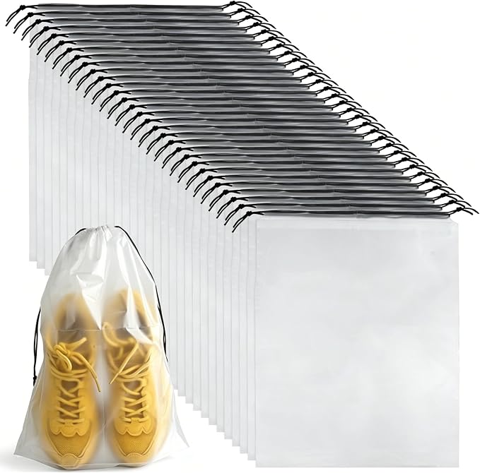 32 Pcs Shoe Bags for Travel，PLULON 15.7" x 11.8" Clear Drawstring Storage Plastic Bags Shoes Organizer for Packing Waterproof Dustproof Women Men Portable Travel Essentials