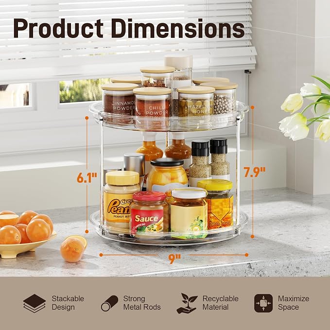 360° Rotating Makeup Organizer 2 Pack 2 Tier 9" Clear Lazy Susan Turntable Skincare Perfume Organizer Bathroom Countertop Vanity Tray Space-Saving Cosmetic Storage for Dresser