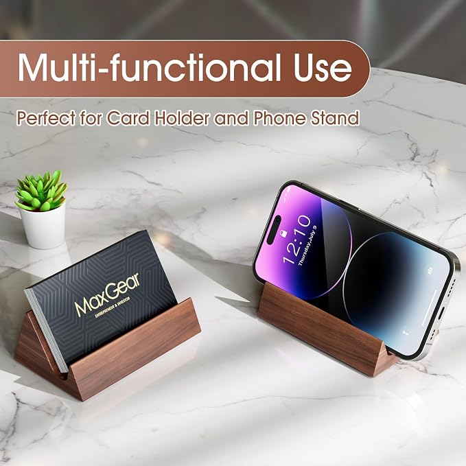 MaxGear Walnut Wood Business Card Holder | Wooden Desk Organizer for Storing & Displaying Business Cards, Elegant Mountain Design with Non-Slip Base for Office