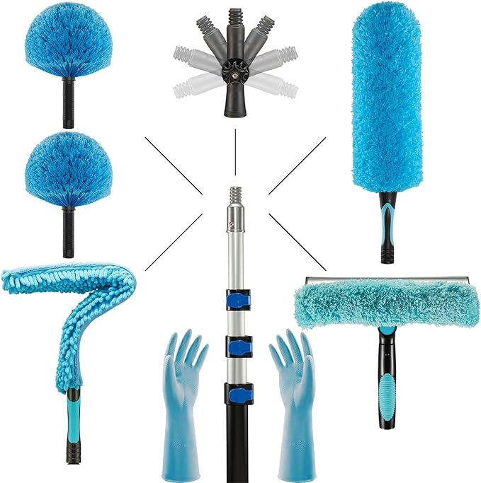 20ft 2 Cobweb Dusters, 12ft Extension Pole, High Ceiling Cleaning Tool | Fan Cleaner , 3-in-1 Window Squeegee Kit, Heavy Duty, Household Cleaning Gloves