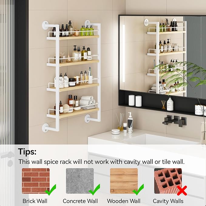 IBUYKE 4 Tier Spice Rack Wall Mount for Kitchen,Natural TLJ016R | Hanging Seasoning Organizer,Large Spice Rack for Wall Spice Organization for Kitchen Cabinet Bathroom Pantry Living Room