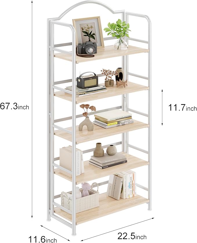 Folding Bookshelf 5 Tiers, No Assembly,Vintage Storage Rack Shelves,White | Vintage Bookcase Multifunctional Plant Flower Stand, Storage Shelves Organizer for Home Office,Living Room,Dorm