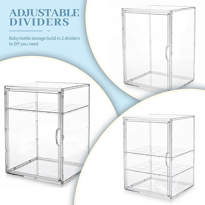 Baby Bottle Organizer, 3 Tier Bottle Storage Organizer Baby | Acrylic Bottles Storage Station with Magnetic Door and Hook for Pacifiers Pump Parts, Makeup & Bathroom Organizer
