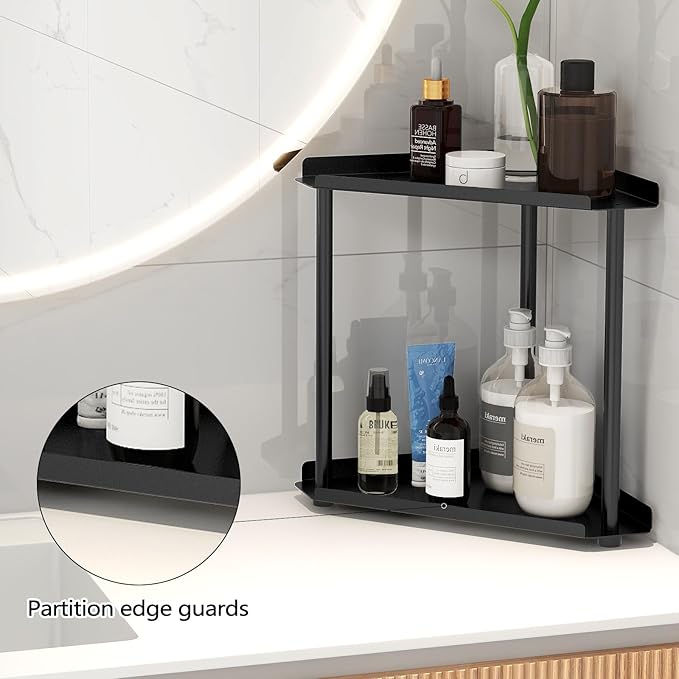 FLE Corner Bathroom Counter Organizer, Bathroom Organizer Countertop Black | 2 Tier Corner Shelf, Tabletop Mount,Waterproof solid shelf fits bathroom toiletries and kitchen condiment storage.