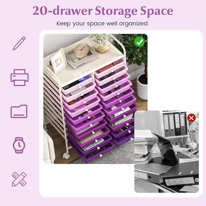 GOFLAME 20-Drawer Rolling Storage Cart, Multifunctional Art Craft Organizer Cart, Mobile Utility Storage Cart with Removable Drawers & Lockable Wheels, Craft Cart for Home Office, Purple Gradient