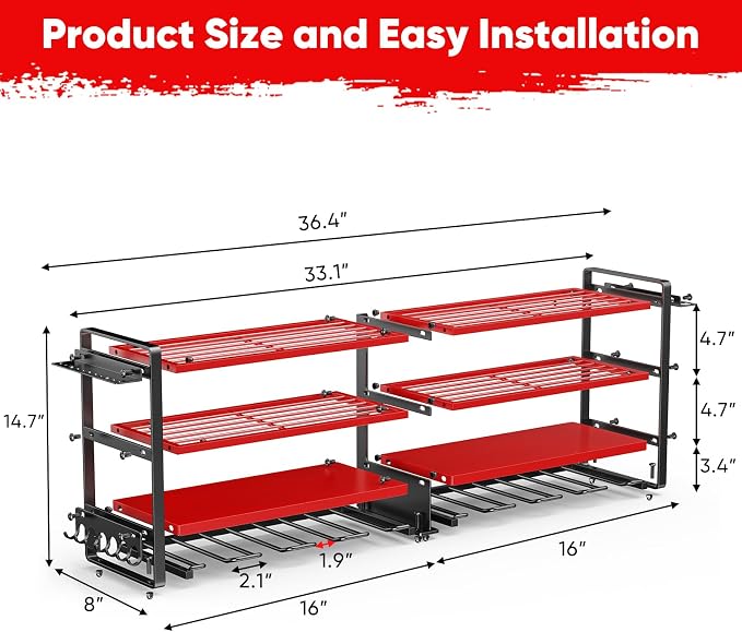 POKIPO Upgrade Large power tool organizer Wall Mount,4 Layers Heavy Duty Metal Loads 400lbs Power Tool Hanger Shelf Battery Storage with 8 Cordless Drill Bit Holder,Utility Racks for Garage Tool Room