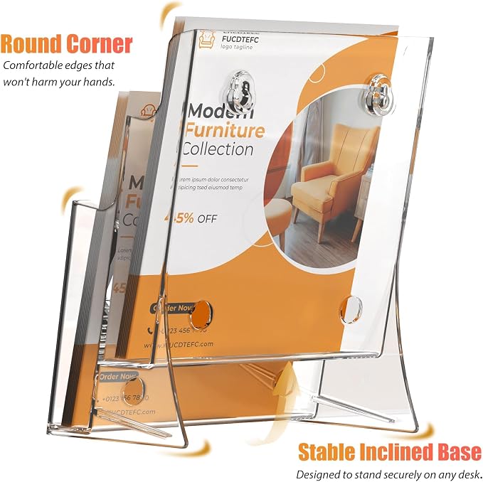 FUCDTEFC 2 Pack Acrylic Brochure Holder 8.5x11 & 4 x9 Inches, Clear 2 Tier Literature Magazine Stand Brochure Display Stand w Removable Divider Universal, Flyer Holder for Wall Mount or Countertop