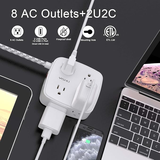 Surge Protector Power Strip - YISHU 8 Outlets with 4 USB (2 USB C) Charging Ports, 5Ft Braided Extension Cord, Flat Plug Multi Plug Outlet Extender Charging Station for Home Office, ETL, White