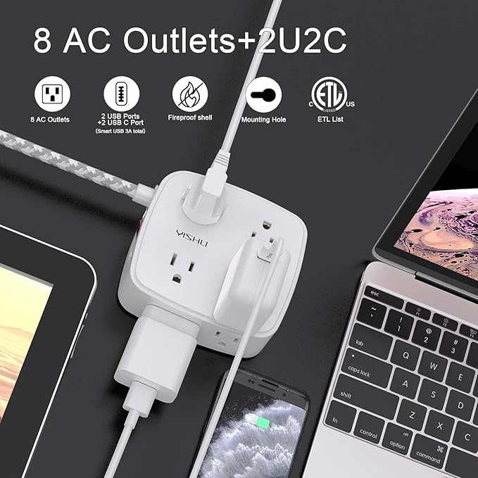 Surge Protector Power Strip - YISHU 8 Outlets with 4 USB (2 USB C) Charging Ports, 10Ft Braided Extension Cord, Flat Plug Multi Plug Outlet Extender Charging Station for Home Office, ETL, White