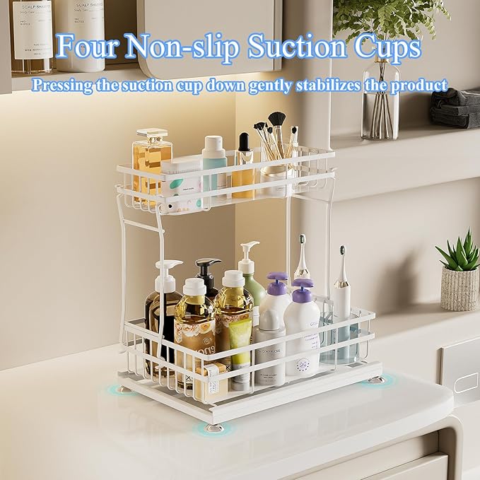 2 Pack Under Sink Organizers and Storage, 2 Tier Pull Out Cabinet Organizer, Metal Sliding Drawer Storage for Kitchen Bathroom, White