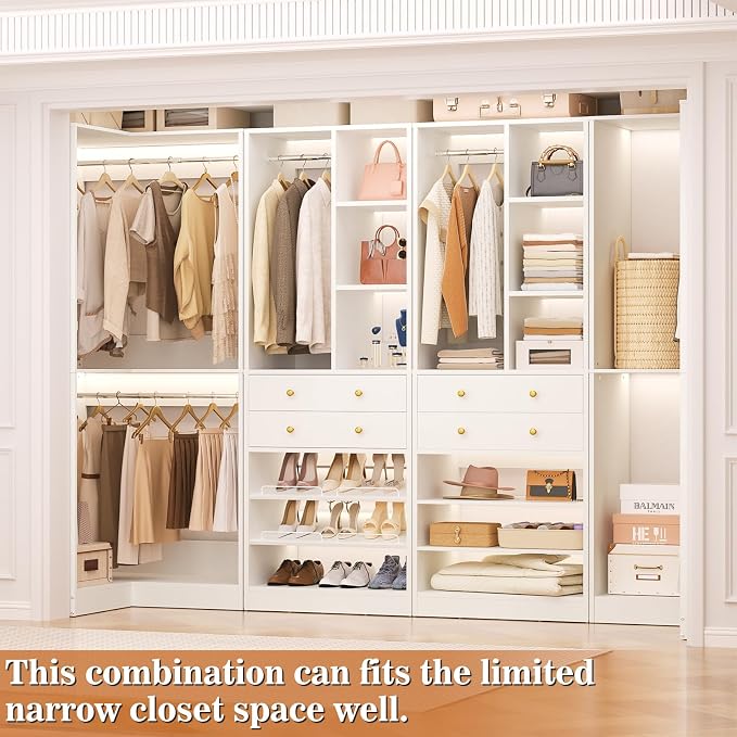 Besiost Corner Closet System with 2 Drawers, 3 Hanging Rods, 59.5" * 31.5" Closet Organizer System with Corner Tower, Reversible L Shaped Walk-in Closet System, Corner Closet System Set of 2, White