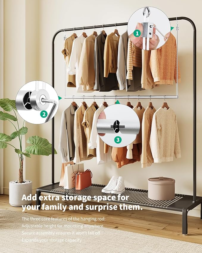 BaiNong Adjustable Closet Hanging Rod 44" Silver Closet Rod Extender | Heavy Duty Double Hanging Closet Rod, Walk-in Closets, and Clothes Rack to Maximize Storage Space