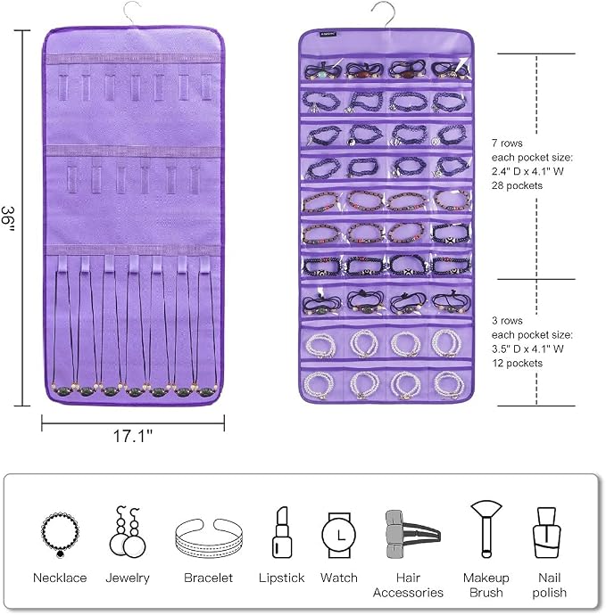 Dual-sided Hanging Jewelry Organizer with 40 Pockets and 20 Hook Loops Necklace Holder Jewelries Organizer for Earrings Bracelets Rings with 360 Degree Rotating Hanger (40 Pockets and 20 Hook Loops-Purple)