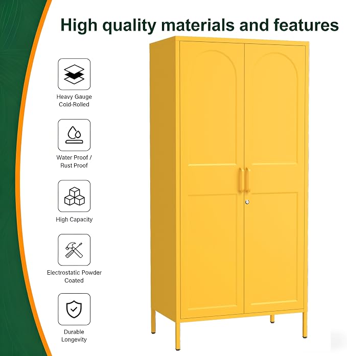 Lockable Metal Wardrobe Closet with Doors, 67" Coat Closet,Metal Storage Cabinet Locker with Removable Hanging Rod And Adjustable Shelves for Home Bedroom Office Yellow Size：67" H X 31.5" W X 18.1" D