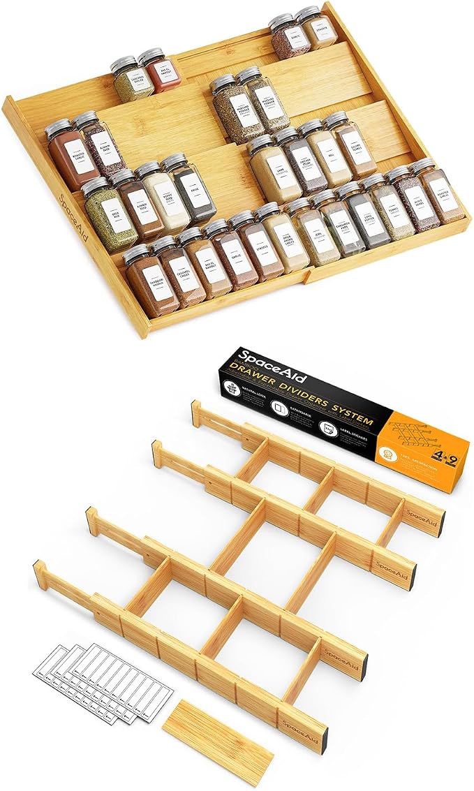 SpaceAid Bamboo Spice Drawer Organizer and Bamboo Drawer Dividers with Inserts and Labels, Kitchen Adjustable Drawer Organizers