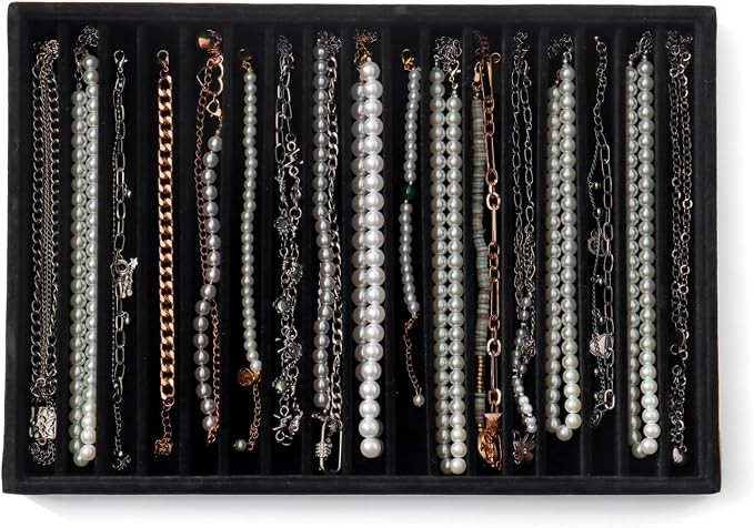 Large Jewelry Organizer for Drawer Insert Velvet Stackable Jewelry Trays for Earring Necklace Bracelet Ring Display (Black, 16 Grids)