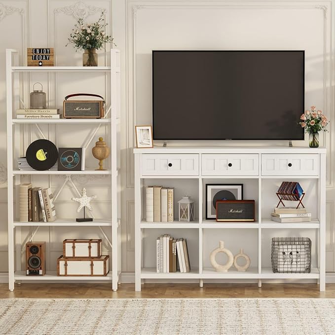 FATORRI 6 Cube Storage Organizer Bookshelf with 3 Drawers, 47 Inch Long Horizontal Bookshelf, Modern Wood Short Book Shelf. Low Cube Bookcase for Living Room, Home Office, Entryway (White Oak)