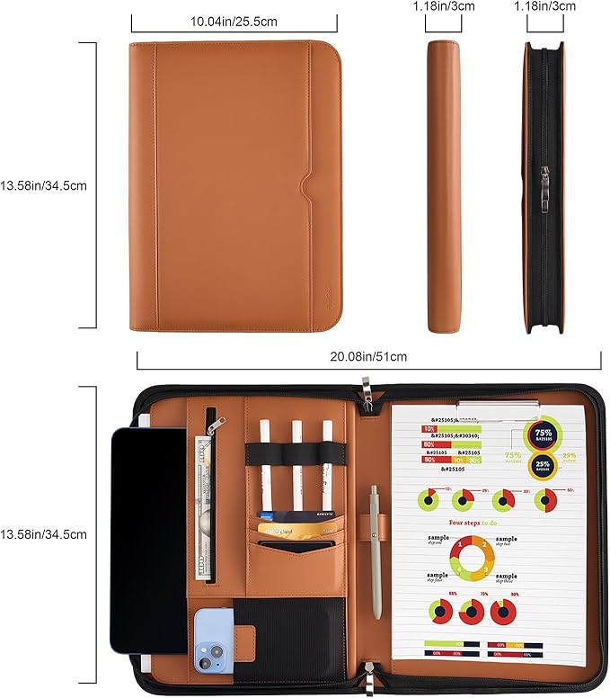 ProCase Portfolio Business Padfolio Folder with Zipper -Tan | Conference Meeting Executive File Legal Document Organizer with Pockets Letter Size A11 Writing Pad Notepad Padfolio